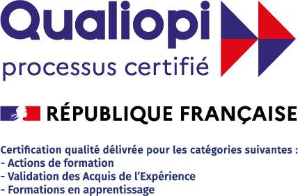 Qualiopi - processus certifié. Certification qualité délivrée pour les catégories suivantes : Actions de formation, Validation des Acquis de l'Expérience et Formations en apprentissage